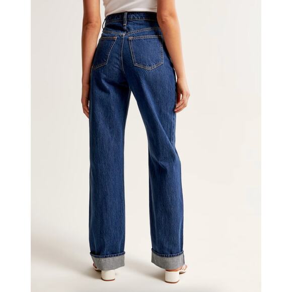 Abercrombie & Fitch High Rise Loose Jeans Women 26 Short Blue Dark Wash Cuff Hem - Picture 3 of 16